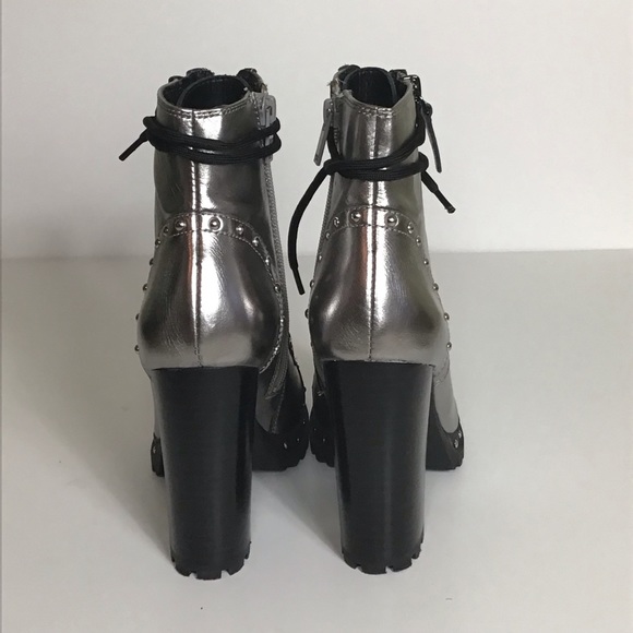 ALDO Silver Metallic Lace Up Military Leather Ankle Boots Isidro Sz 6/36 EU EUC - Picture 3 of 8